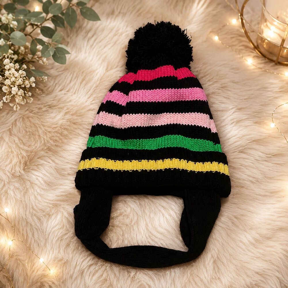 The Children's Place Baby Striped Knit Pom Pom Ear Flap Beanie Hat 18-24 Months